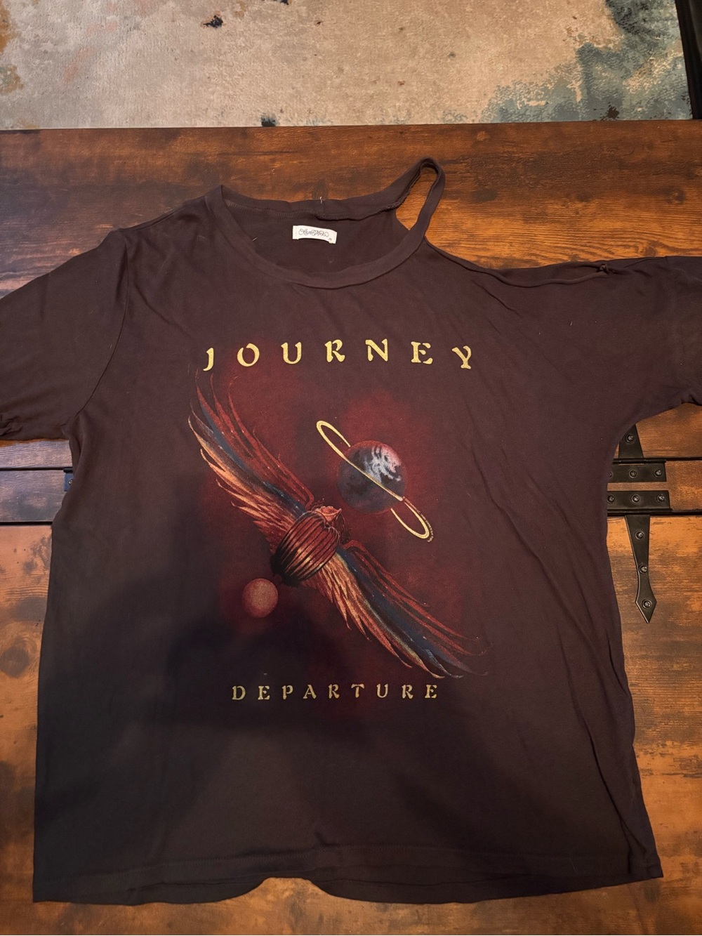 Lauren Moshi Black 'Journey Departure' Off-the-Shoulder Graphic Tee